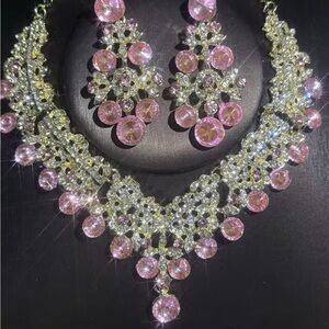 Elegant Pink and Silver Rhinestone Necklace & Matching Earrings Set